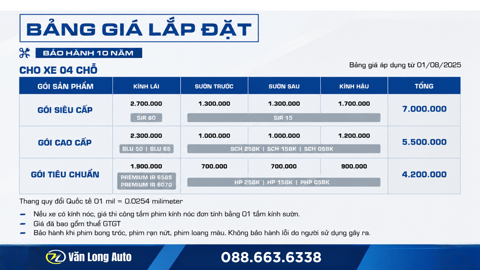 Bảng giá phim cách nhiệt NTECH xe 4 chỗ tại Văn Long Auto